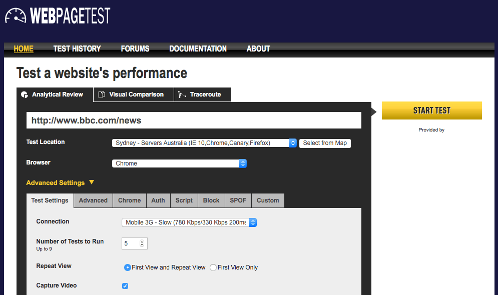 The WebPagetest interface